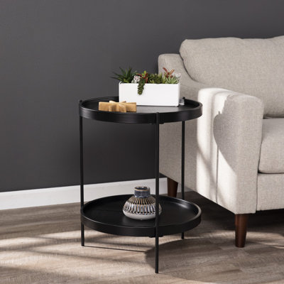 Table de bout ronde 24 "en bois manufacturé et fer noir avec tablette
