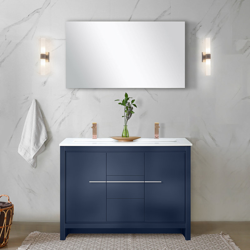 Lafarre 48 in W x 20 in D Double Bath Vanity Mirror & Faucet Set, Navy Blue, White Quartz