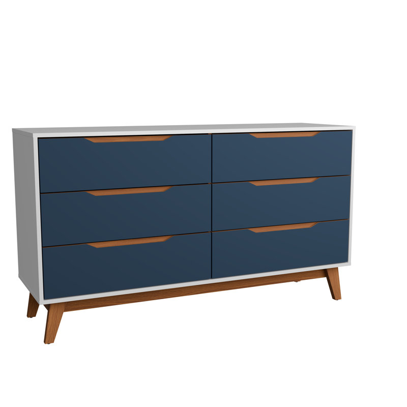 Commode 6 tiroirs Rio avec poignées intégrées et base en bois, Blanc / Bleu