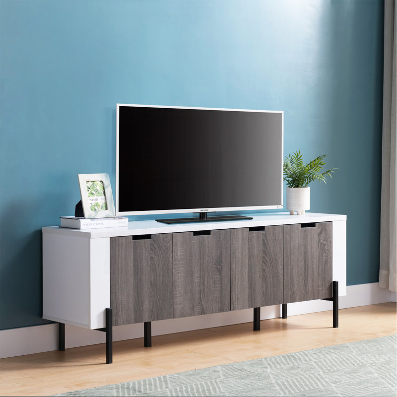 Meuble télé 60 po à deux tons avec quatre portes d'armoire, armoire de rangement - blanc et gris vieilli