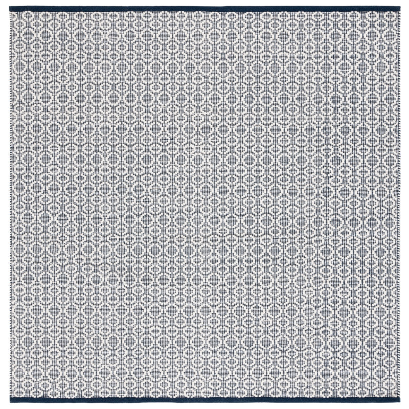 Palbo Flat Weave Wool/Cotton Geometric Rug in Ivory/Navy, Square 6'