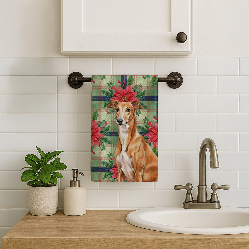 Red Greyhound Christmas PoinsettIas Kitchen Towel, Red Greyhound