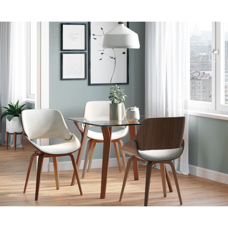 Palmona Upholstered Side Chair with Bent Wood Legs, Cream Basketweave, 1