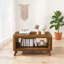Table basse rectangulaire avec tablette ouverte, finition brune, pieds en bois massif, table de salon