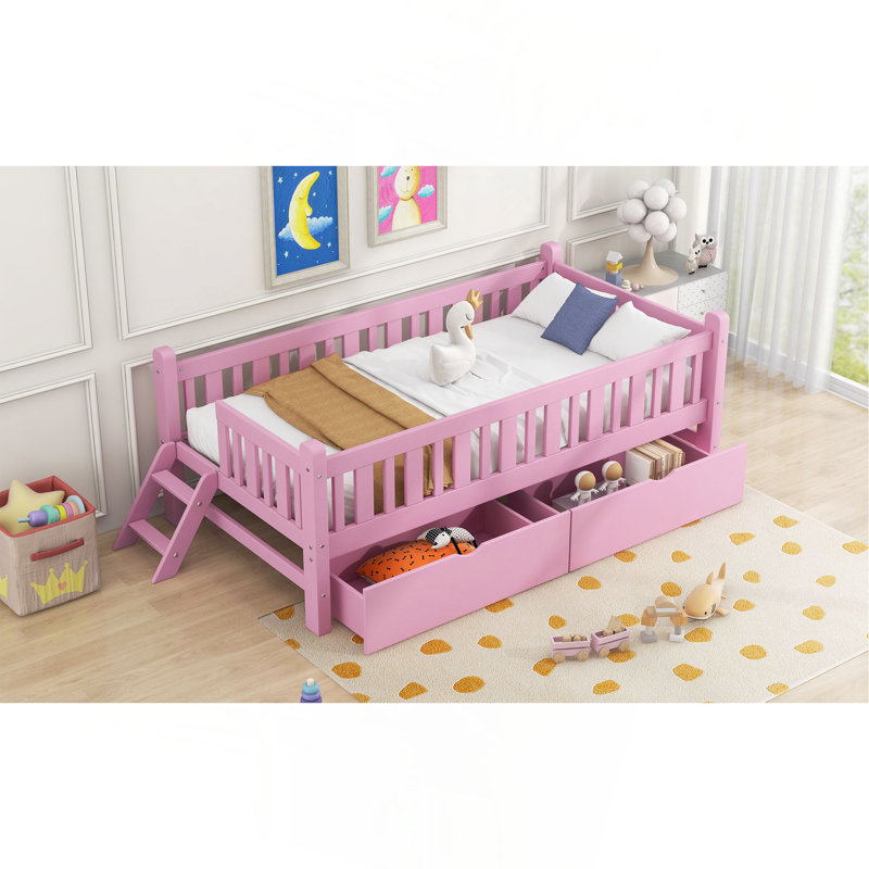 Wood Twin Size Platform Bed With Guardrail And 2 Drawers, Rose