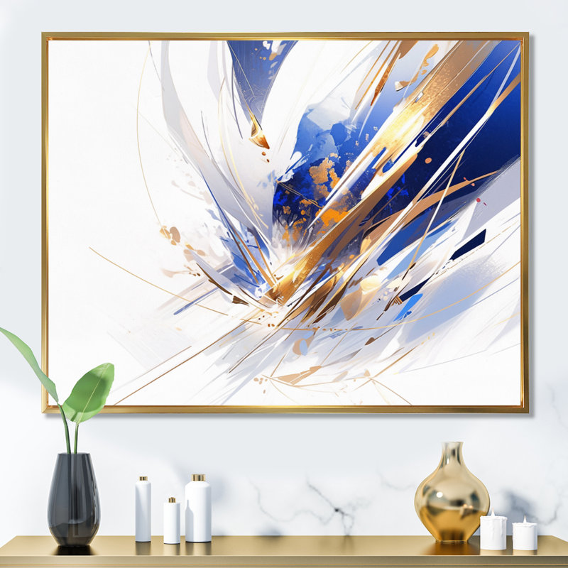 «Blue Gold Cubist Kaleidoscope I», reproduction sur toile, Cadre flottant doré, H 16 po x l 32 po x P 1 po