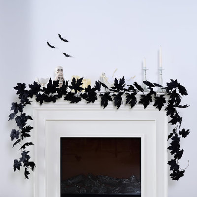  9ft Halloween Garland with Lights, Thick Pre-Lit Light Up Black Maple Leaf Garland Halloween Decor for Mantle Fireplace Table Home Indoor
