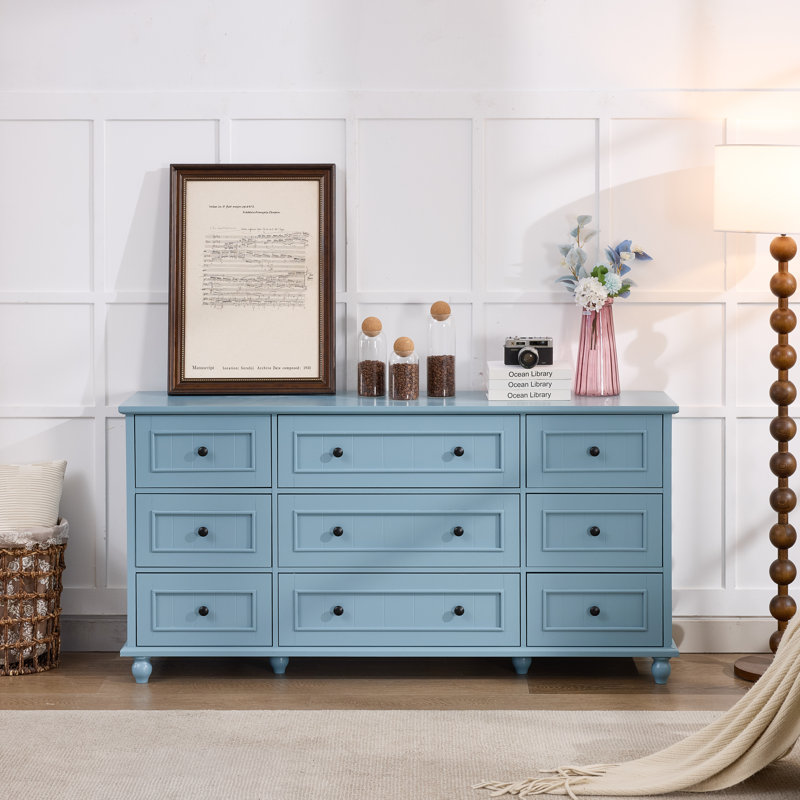 9 Drawer 63" W Retro Dresser, Blue