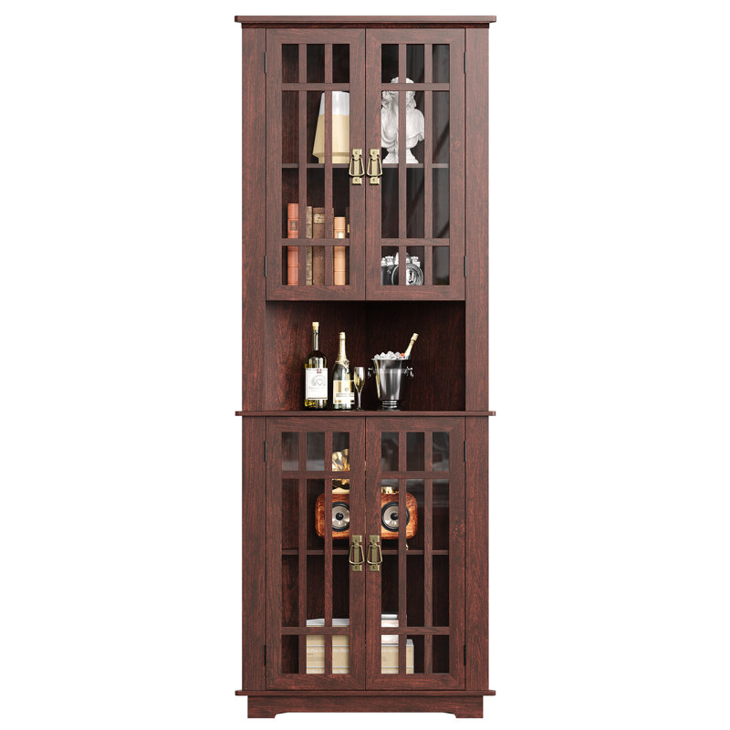 Armoire de rangement de 71 po de hauteur avec 4 portes en verre et 5 tablettes, économiseur d'espace pour la salle de bain, le salon, design Mid Century, noyer rouge
