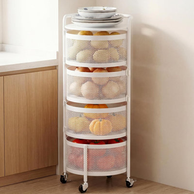 Chariot de rangement rotatif de cuisine à 4 niveaux avec roulettes, support de rangement en métal pour oignons, pommes de terre, fruits, légumes et garde-manger (blanc)