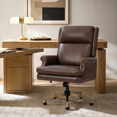 Eulalia Transitional High-Back Genuine Leather Executive Office Chair with Nailhead Trim and Tilting Function