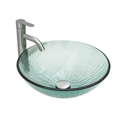Artistic Vertical-Textured Glass Vessel Bathroom Sink With Pop-Up Drain