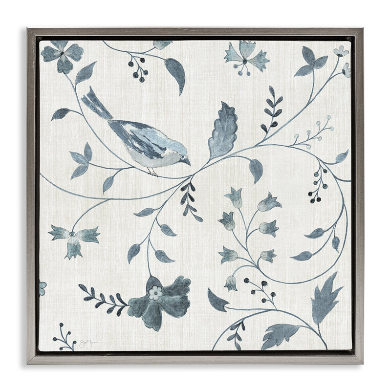 Motif de fleurs avec oiseaux perchés, Cadre flottant gris lustré, H 18 po x l 18 po