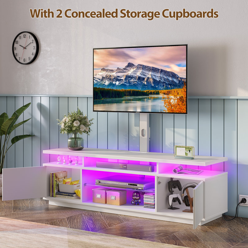 Kappenne Adjustable TV Stand for TVs up to 70" with 2 Storage Cabinets and RGB LED Lights, White, 59.1"