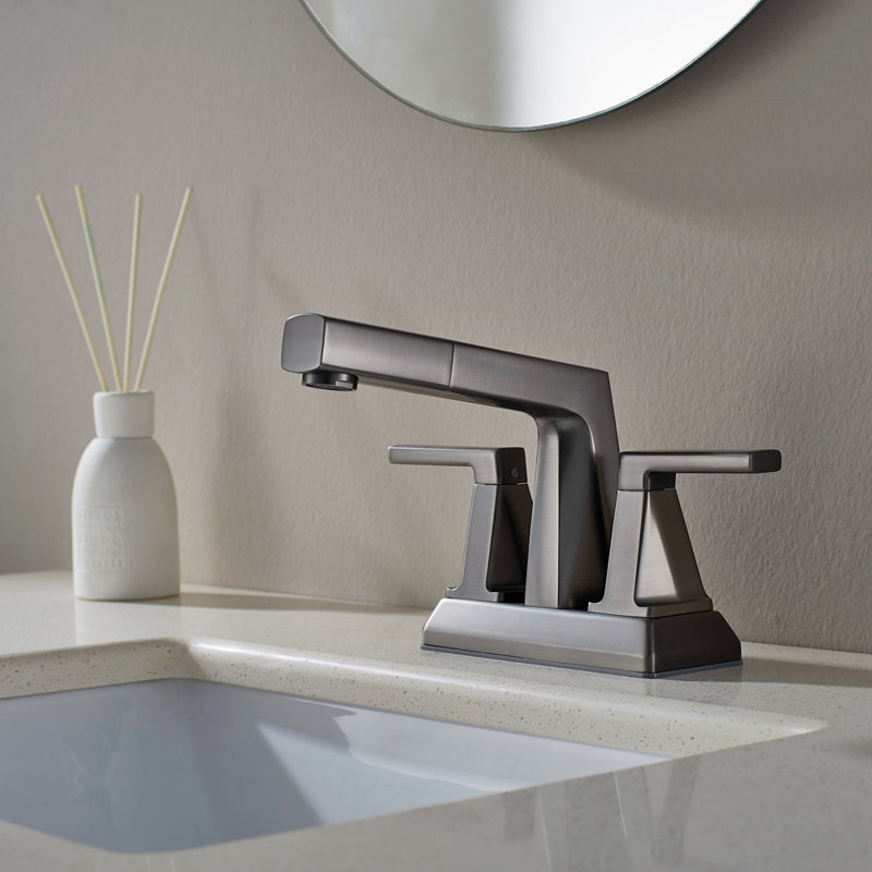 ALPHAUCET Centerset Two-Handle Pull-Out Sprayer Bathrrom Faucet in Gun Gray, Gun Gray