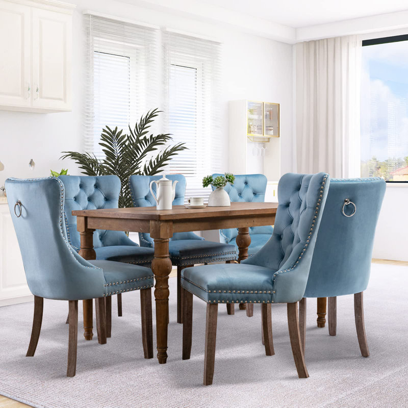 Sky-Blue Velvet Upholstered Dining Chairs with Wood Legs, Set of 6