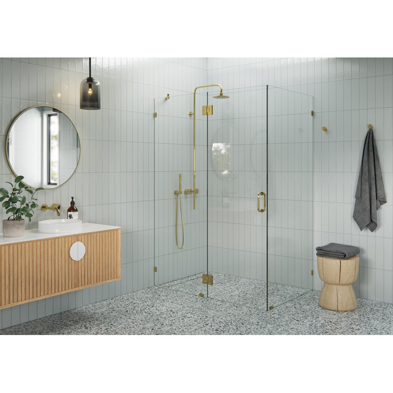 Halo 57 in. x 36 in. x 78 in. 90-degree Fully Frameless Glass Hinged Shower Enclosure, Polished Brass