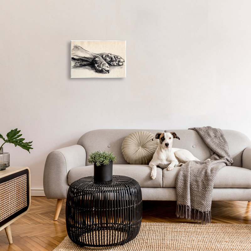 «Dog Paw», art gris anthracite surdimensionné noir sur bois par Jennifer Paxton Parker, H 13 po x l 19 po