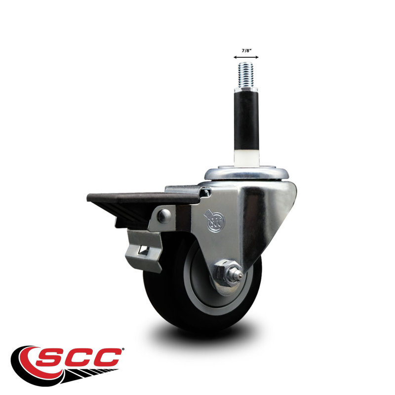 Roulettes pivotantes extensibles 3 po en poly noir 7/8 po avec frein SCC