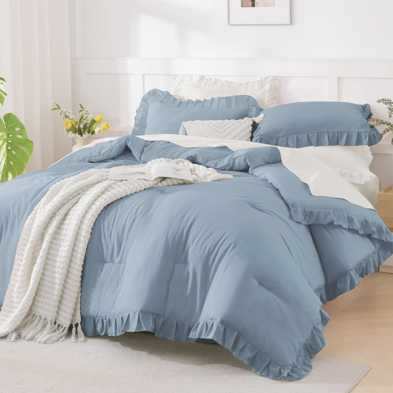 Andency Oversized King Comforter Set 128x120, 3 Pieces Grayish Blue Ruffle Shabby Chic Famhouse Bedding Set for Women, Lightweight Fluffy Super King Plus Bed Set for Girls
