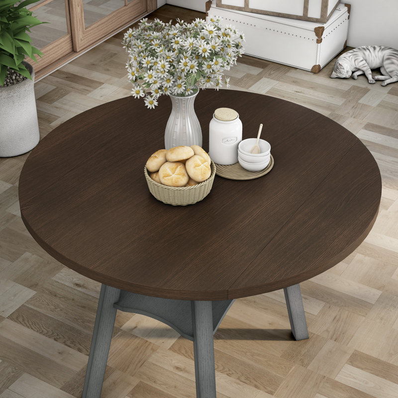 Hadrie Extendable Round Solid Wood Base Dining Table, Light Grey