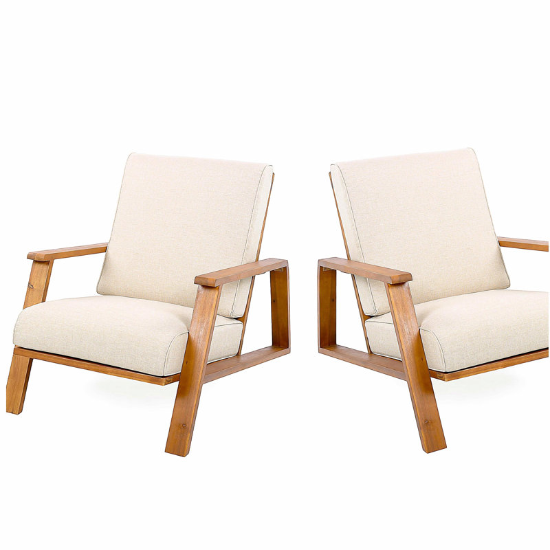 Ensemble de 2 chaises longues pour patio, fauteuil club d'extérieur avec coussin beige et structure en bois d'acacia teck