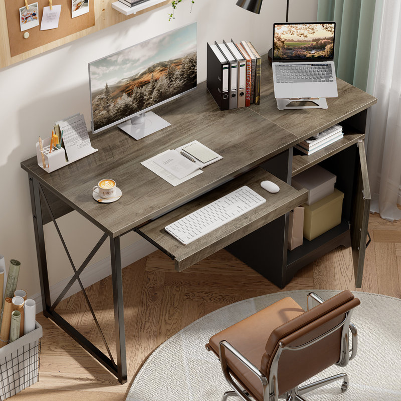 47" Reversible Computer Desk with Cabinet & Keyboard Tray , Grey Wash Home Office Desk or study desk for Small Spaces with Shelf