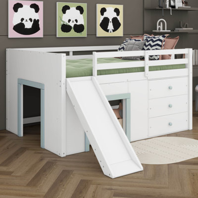 Full Size Low Loft Bed For Kids, Wood Modern Farmhouse Full Loft Bed With Slide And Drawer Storage, No Box Spring Needed