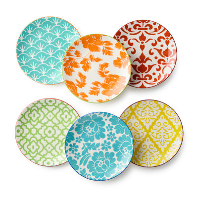 Pavillion Porcelain Canape Plate Set of 6, 6-inch vibrant patterned appetizer plates with global tile motifs, ideal for snacks, desserts, tastings, hors d’oeuvres, brunch