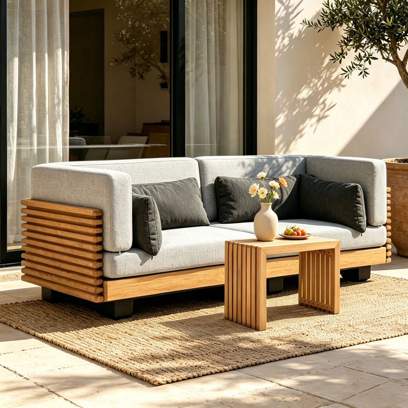 Ensemble de conversation modulaire d'extérieur pour 2 personnes en teck avec coussin, 3 Pcs: 2 Corner Modulars, Side Table
