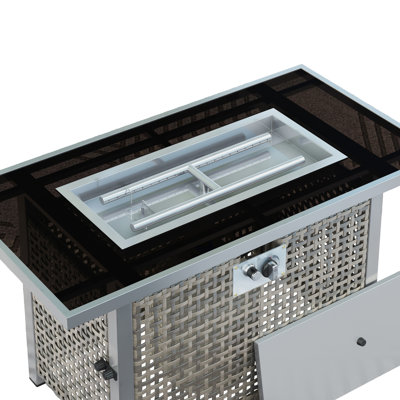60000 43" Open Weave Grey Propane Gas Fire Pit Table, With Bohemian Design, Removable Lid, And Glass Wind Guard For Garden Fun Rectangular , Blue Stones, Tempered Guard, 20lbs Storage Outdoor
