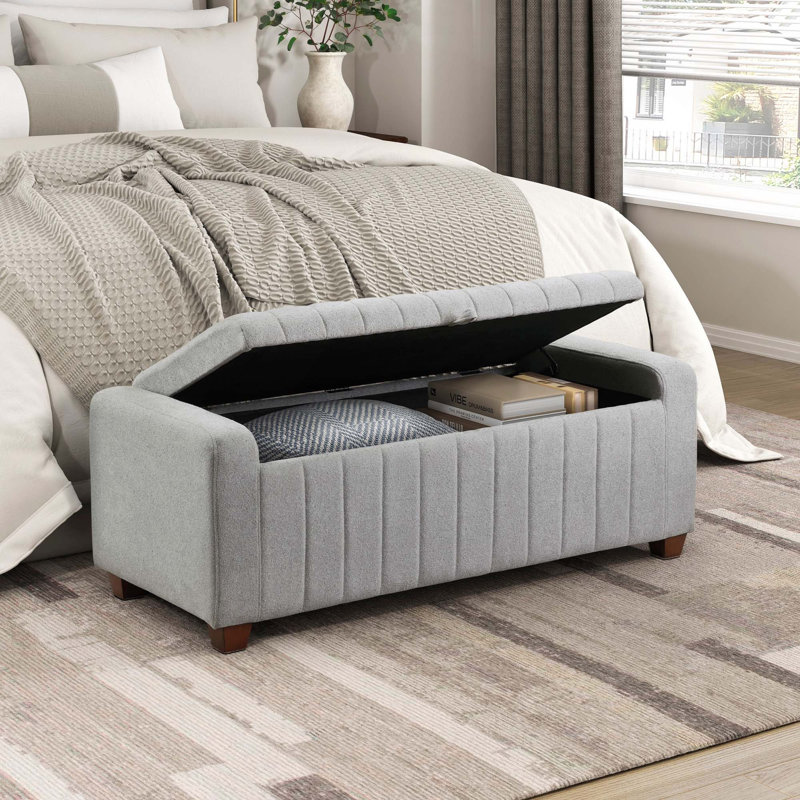 Banc bouclé contemporain avec cadre en contreplaqué durable avec rangement interne, Gris