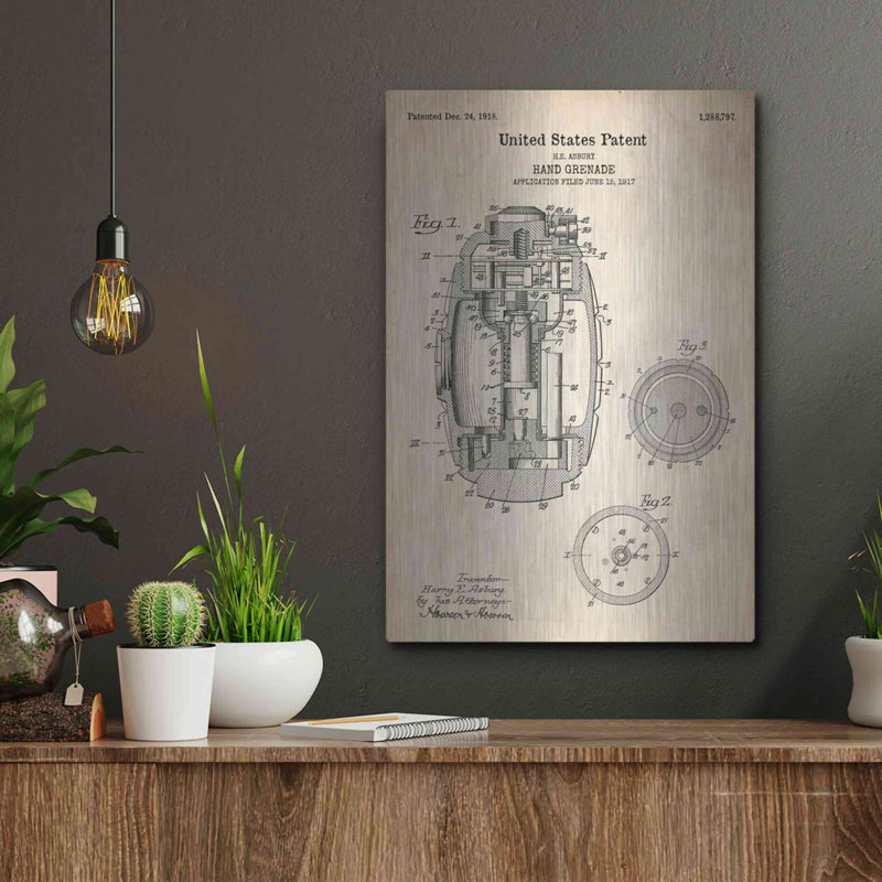 «Hand Grenade Blueprint Brevet Parchment», art mural en métal, H 16 po x l 12 po