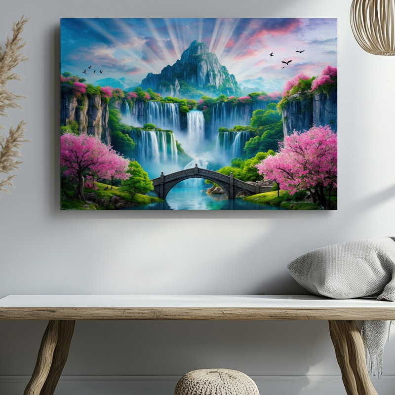 Toile, «Vibrant Fantasy Landscape mettant en vedette une majestueuse chaîne de montagnes avec art mural, cascades entourées de verdure», art mural