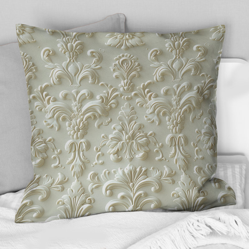 Coussin décoratif blanc à motif floral damassé blanche II, H 18 po x l 18 po