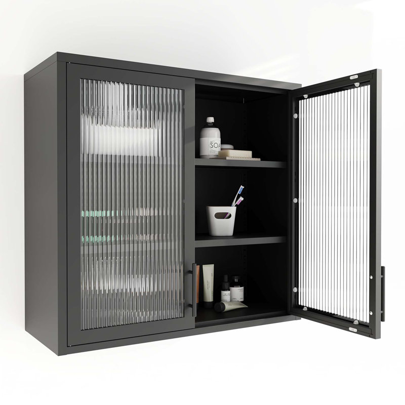 Armoire murale cannelée en verre trempé avec 2 tablettes réglables