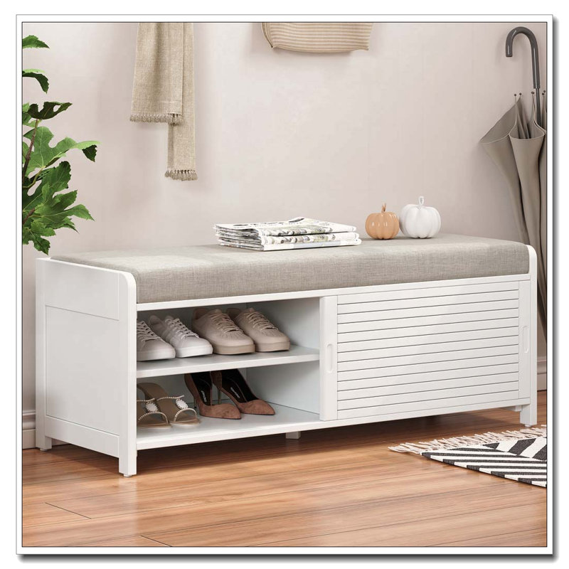 Distressed Shutter Storage Bench with Cushion and Sliding Door, White