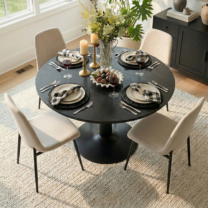 4 - Person Dining Table Sets With Round Table & 4 Upholstered Chenille Chairs, Beige