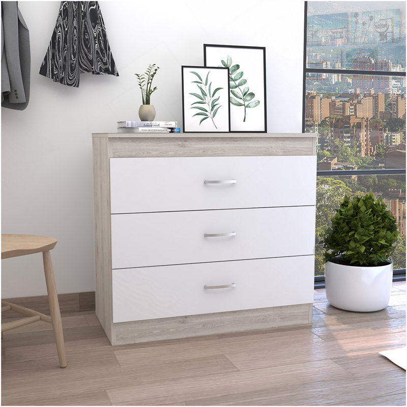 Dresser 29"H, Three Drawers, Metal Hardware, Superior Top, Light Grey / White