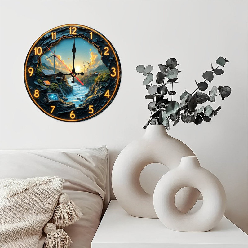 Sunset Waterfall Clock Green Energy Windmill