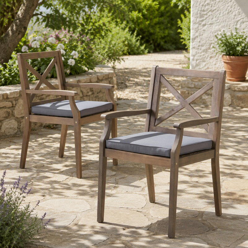 Chaises de salle à manger avec coussins résistants à l'eau, ensemble de 2, structure en bois d'acacia robuste pour l'extérieur