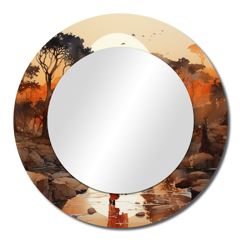 Voyage africain - miroir d'art africain, miroir mural rond orange, impression d'art en métal, 23 po x 23 po