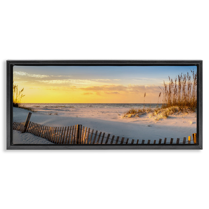 Lever de soleil panoramique sur la plage côtière, Cadre flottant noir de jais, H 14 po x l 31 po