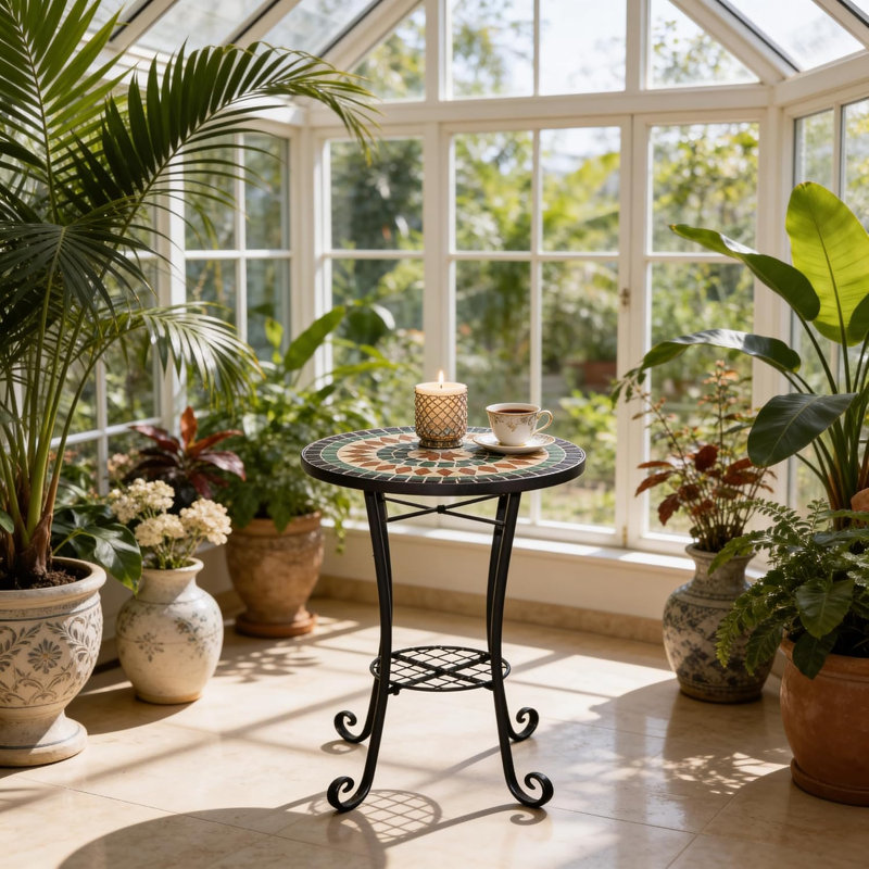 35cm Mosaic Plant Stand Side Table with Shelf, Round Marrakech Tile Top, Indoor and Outdoor Accent Table