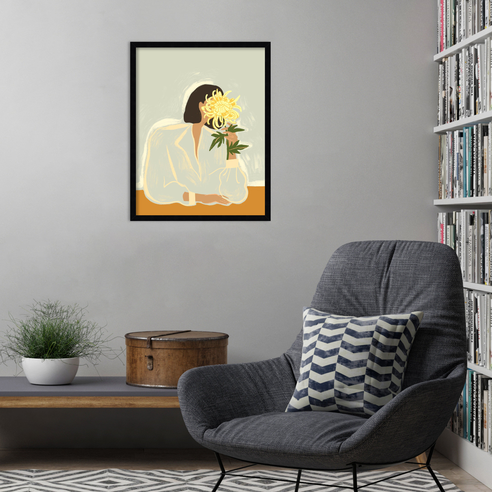 Lady With Chrysanthemum by Arty Guava Wood Framed Wall Art Print, 25" H x 20" W, Black