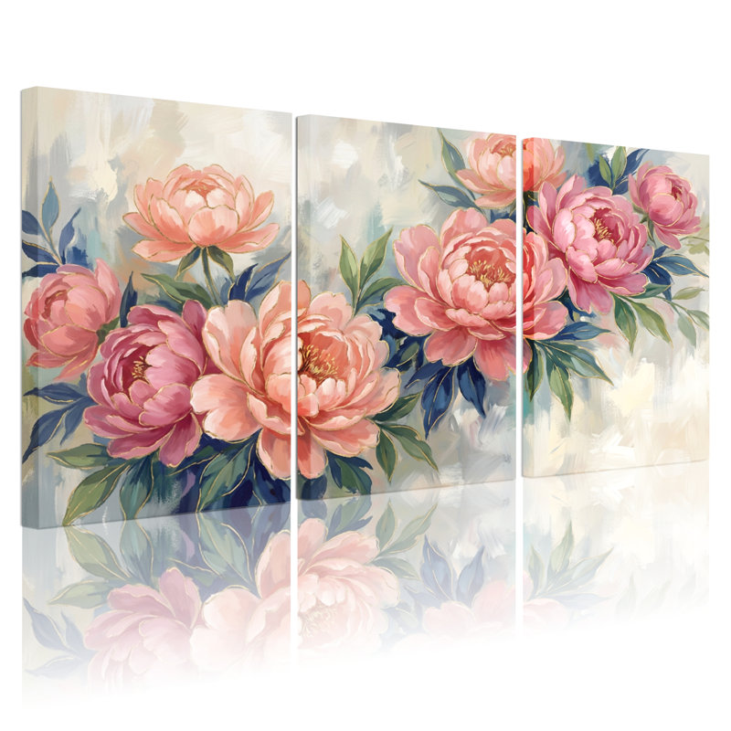 Ensemble de 3 tableaux muraux sur toile tendue représentant des pivoines, pour la décoration du salon et de la chambre.