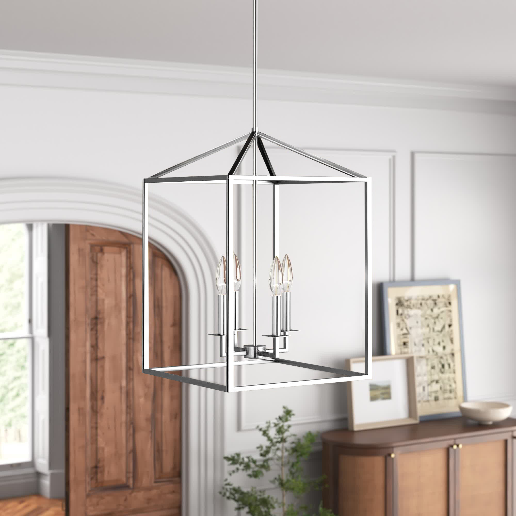 Ellis 4 - Light Metal Dimmable Lantern Chandelier, Chrome, 23.25" H x 15.5" W x 15.5" D, No