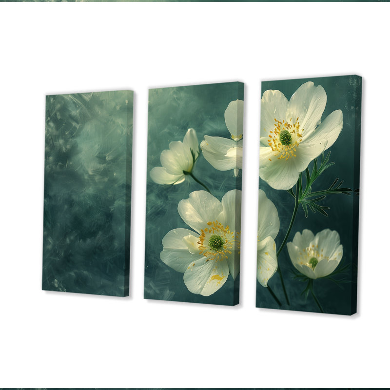 «White Green Buttercups Reflection» 3 pièces, H 28 po x l 36 po, Toile tendue