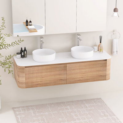 Meuble-lavabo mural cannelé 60 po avec double vasque en céramique, deux tiroirs et porte-serviettes 60 po