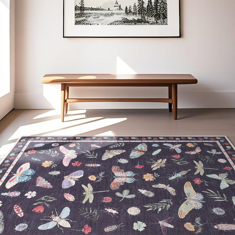 Insect Floral Area Rugs Modern Accent Carpet with Non-Slip Backing, Stain-Resistant Low Pile Floor Cover, Machine Washable Ultra-Soft Indoor Mat for Living Room, Bedroom, Kitchen